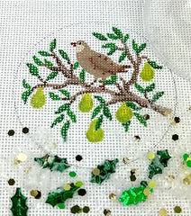 Kate Dickerson Needlepoint Collections Christmas Ornament with Clear Dome Cover and Confetti Partridge In A Pear Tree Needlepoint Canvas