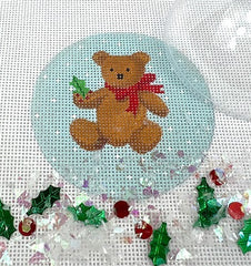 Kate Dickerson Needlepoint Collections Christmas Ornament with Clear Dome Cover and Confetti Teddy Bear with Red Bow on Snowy Sky Needlepoint Canvas