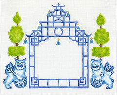 Kate Dickerson Needlepoint Collections Chinoiserie Letter Pagoda with Foo Dogs and Topiaries Lues with Greens Specify Letter Or Blank Needlepoint Canvas