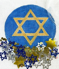 Kate Dickerson Needlepoint Collections Hanukkah Round with Clear Dome and Confetti Star Of David Gold on Bright Blue Needlepoint Canvas