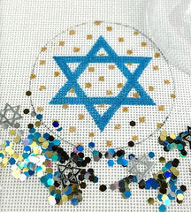 Kate Dickerson Needlepoint Collections Hanukkah Round with Clear Dome and Confetti Star Of David Sparkly Aqua Blue with Gold Dots Needlepoint Canvas