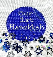 Kate Dickerson Needlepoint Collections Hanukkah Round with Clear Dome and Confetti Our First Hanukkah Sparkly White on Royal Blue Needlepoint Canvas