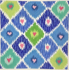 Kate Dickerson Needlepoint Collections Ikat Diamonds with Allover Hearts Blues Greens and Pinks Needlepoint Canvas