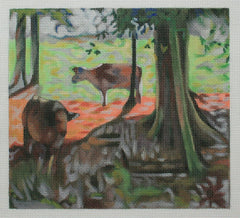 Barbara Russell Miller - 2 Cows in Woods Needlepoint Canvas