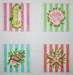 Kate Dickerson Needlepoint Collections Sea Creatures on Pastel Cabana Stripes Coaster Inserts Needlepoint Canvas - 4 Square