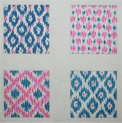 Kate Dickerson Needlepoint Collections Ikat Patterns Coaster Inserts - Indigo Blues & Hot Pinks Needlepoint Canvas - 4 Square