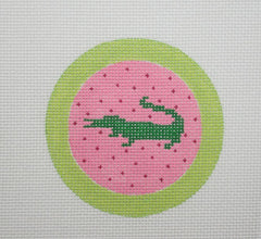 Kate Dickerson Needlepoint Collections Insert - Green Gator on Hot Pink with Lime Border Needlepoint Canvas - 3 Round