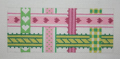 Kate Dickerson Needlepoint Collections Insert - Woven Ribbons - Pinks & Greens Needlepoint Canvas - 5.5 x 2