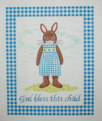 Kate Dickerson Needlepoint Collections Kelly Rightsell God Bless This Child Boy Bunny with Blue Gingham Border Needlepoint Canvas