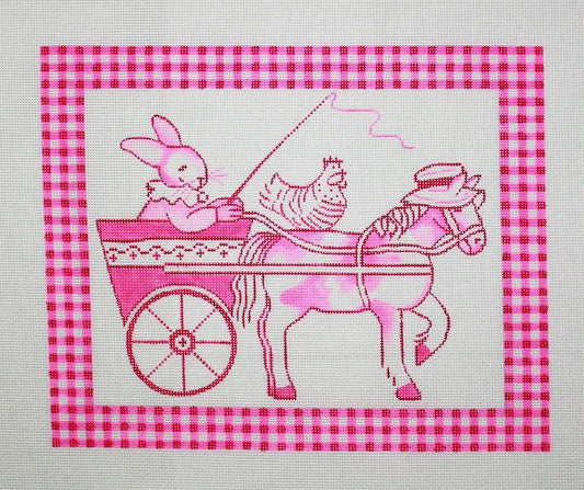 Kate Dickerson Needlepoint Collections Kelly Rightsell Pink Toile Bunny in Cart Needlepoint Canvas