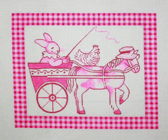 Kate Dickerson Needlepoint Collections Kelly Rightsell Pink Toile Bunny in Cart Needlepoint Canvas