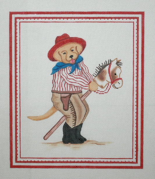 Kate Dickerson Needlepoint Collections Kelly Rightsell Yellow Dog Cowboy with Hobby Horse & Red Hat Needlepoint Canvas