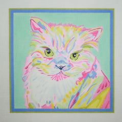 Kate Dickerson Needlepoint Collections Megan Carn - Persian Cat - Bright Pastels on Light Aqua Needlepoint Canvas