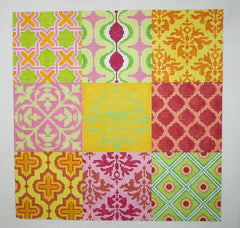 Kate Dickerson Needlepoint Collections Damask Wallpaper Patchwork - Yellows, Oranges, Pinks & Greens Needlepoint Canvas
