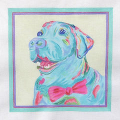 Kate Dickerson Needlepoint Collections Megan Carn Blue Lab with Hot Pink Bow Tie Needlepoint Canvas