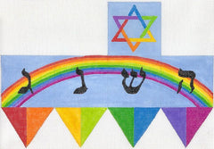 Kate Dickerson Needlepoint Collections Dreidel Rainbow with Star of David Multi Color on Sky Blue Needlepoint Canvas