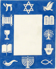 Kate Dickerson Needlepoint Collections Frame Judaic Symbols Sparkly White on Bright Blue Needlepoint Canvas
