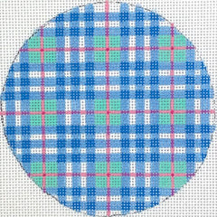 Kate Dickerson Needlepoint Collections Insert - Madras Plaid Turquoise Blue & Pink Needlepoint Canvas - 4 Round