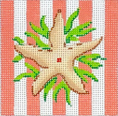 Kate Dickerson Needlepoint Collections Insert - Starfish on Coral Cabana Stripes Needlepoint Canvas - 3 Square