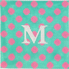 Kate Dickerson Needlepoint Collections Square Insert Polka Dots Bright Pink on Turquoise Needlepoint Canvas - 4 Square