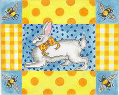 Kate Dickerson Needlepoint Collections Kelly Rightsell Running Bunny with Bees Gingham & Polka Dots Yellows Oranges & Blues Needlepoint Canvas