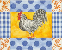 Kate Dickerson Needlepoint Collections Kelly Rightsell Rooster with Blue Polka Dots Gingham And Orange Damask Flowers Needlepoint Canvas