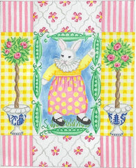 Kate Dickerson Needlepoint Collections Kelly Rightsell White Bunny Girl with Sugar Peas & Rose Topiaries Needlepoint Canvas