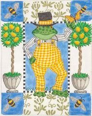 Kate Dickerson Needlepoint Collections Kelly Rightsell Frog In Yellow Gingham Overalls with Bees & Lemon Topiaries Needlepoint Canvas