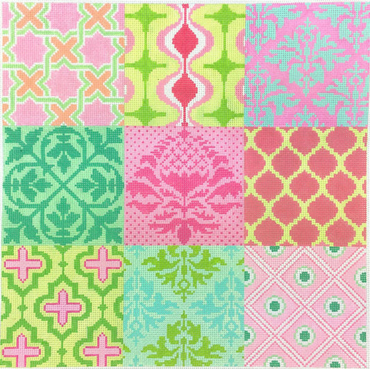 Kate Dickerson Needlepoint Collections Damask Wallpaper Patchwork Pinks, Greens & Turquoise Needlepoint Canvas