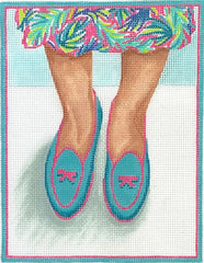 Kate Dickerson Needlepoint Collections Here's Looking at Shoe Belgian Loafers with Dress Turquoise & Hot Pink Needlepoint Canvas