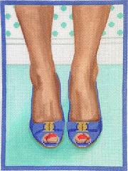 Kate Dickerson Needlepoint Collections Here's Looking at Shoe - Ferragamo Peep-Toe Heels - Periwinkle & Gold with Turquoise Needlepoint Canvas