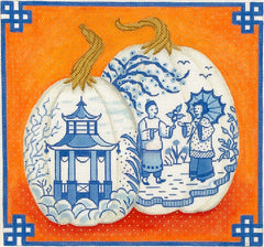 Kate Dickerson Needlepoint Collections Chinoiserie Porcelain Pumpkins with Chinese Border Blues Oranges and Gold Needlepoint Canvas