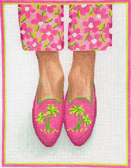 Kate Dickerson Needlepoint Collections Here's Looking at Shoe Needlepoint Palm Tree Loafers Bright Pinks & Greens Needlepoint Canvas