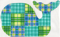 Kate Dickerson Needlepoint Collections Medium Whale Madras Patchwork Blues & Greens Needlepoint Canvas