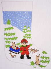 Silver Needle Boy w Sled Xmas Stocking Needlepoint Canvas