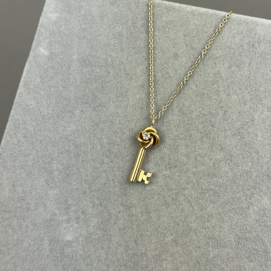 Love Knot Key Charm Necklace in 14k Gold with Diamond