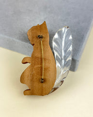 Vintage Carved Wooden Squirrel Brooch with Lucite Tail