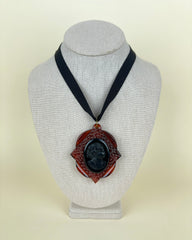 Vintage Celluloid Cameo on Amber Lucite Large Pendant Necklace