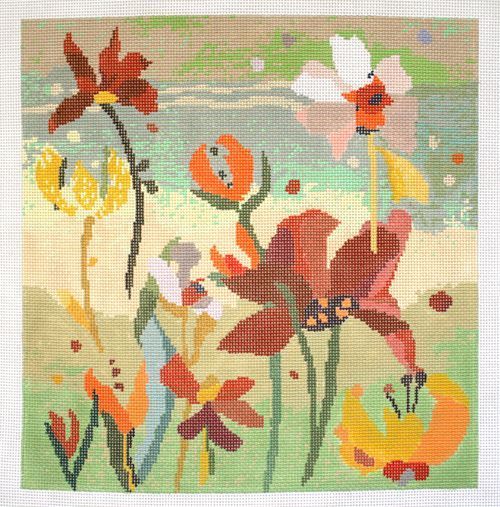 Birds of a Feather Collage Bouquet Gold Needlepoint Canvas