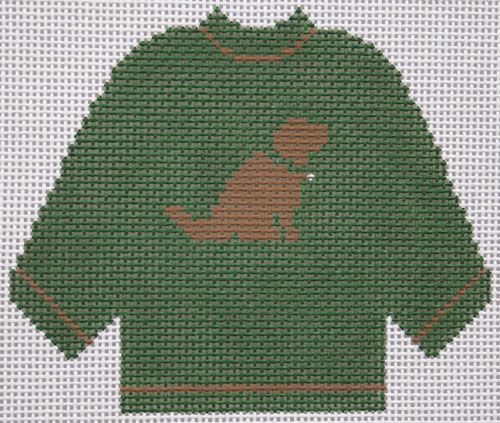 Silver Needle Green Sweater with Choc Lab Orn Needlepoint Canvas