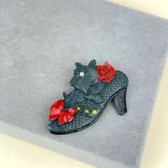 Vintage Scottie Dog with Red Bows in Shoe Brooch Japan