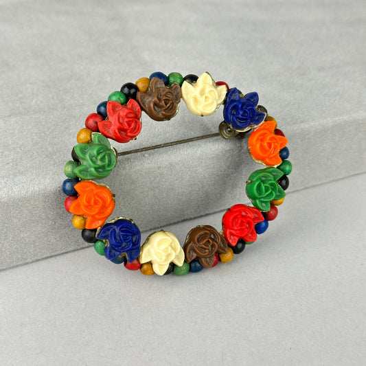 Vintage Multi Colored Celluloid Floral Wreath Brooch