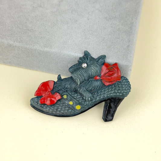 Vintage Scottie Dog with Red Bows in Shoe Brooch Japan