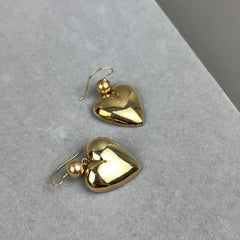 Vintage 1970s Large 14k Gold Puffy Heart Drop Earring
