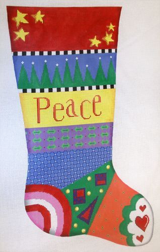 Patti Mann Stocking, Bright, PEACE Needlepoint Canvas