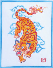 Kate Dickerson Needlepoint Collections Gabby Malpas Roaring Tiger with Stylized Clouds And Blue Border Needlepoint Canvas