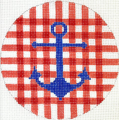 Kate Dickerson Needlepoint Collections Insert - Blue Anchor on Red Gingham Needlepoint Canvas - 4 Round