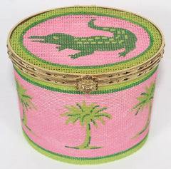 Kate Dickerson Needlepoint Collections Limoges Box Large Oval Green Gator & Palms on Hot Pink Gold Clasp Needlepoint Canvas