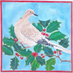 Kate Dickerson Needlepoint Collections Gabby Malpas Dove In Holly Branch with Red Border Needlepoint Canvas