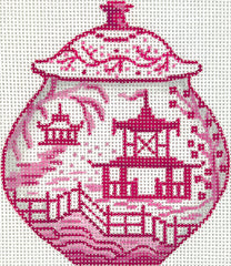 Kate Dickerson Needlepoint Collections Mini Chinese Vase - Medium Raspberry & White with Pagodas & Flowering Trees Needlepoint Canvas
